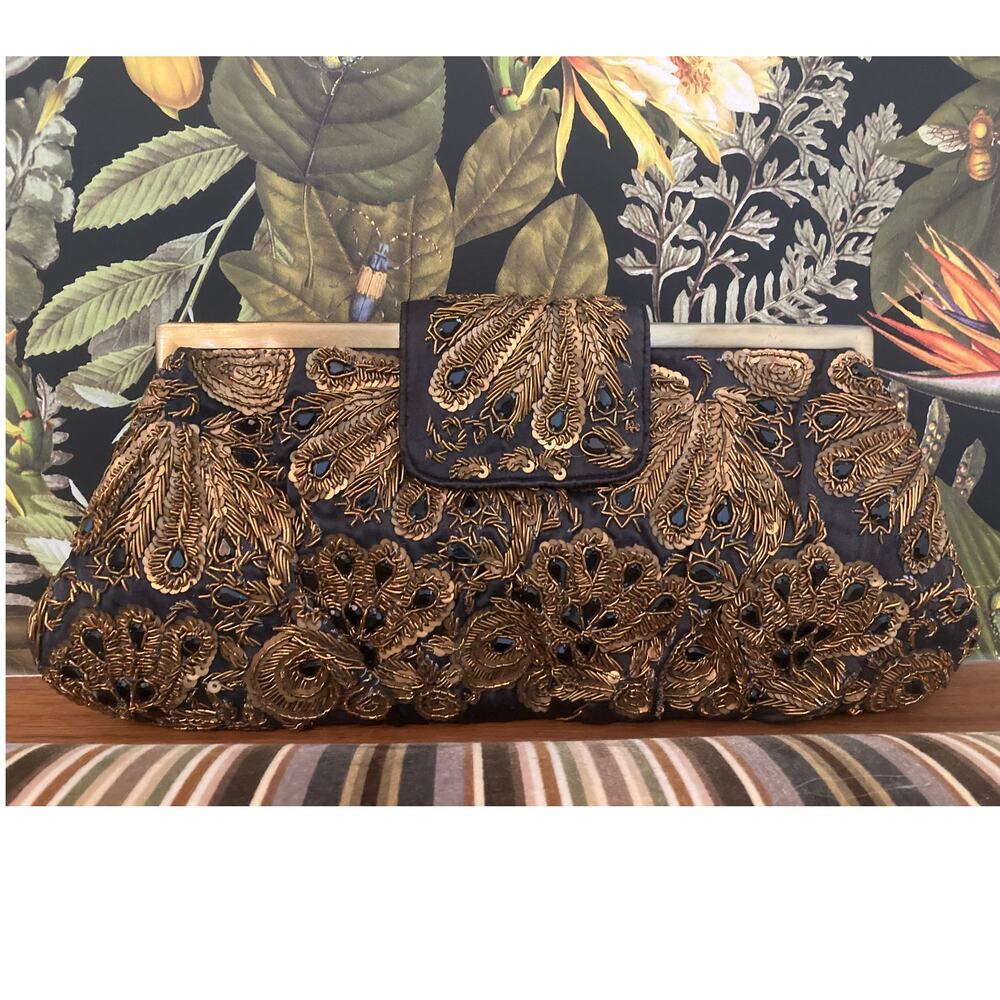Santi Beaded Clutch Evening Bag Satin + Ornate Gold & Black Beading ~ Lovely